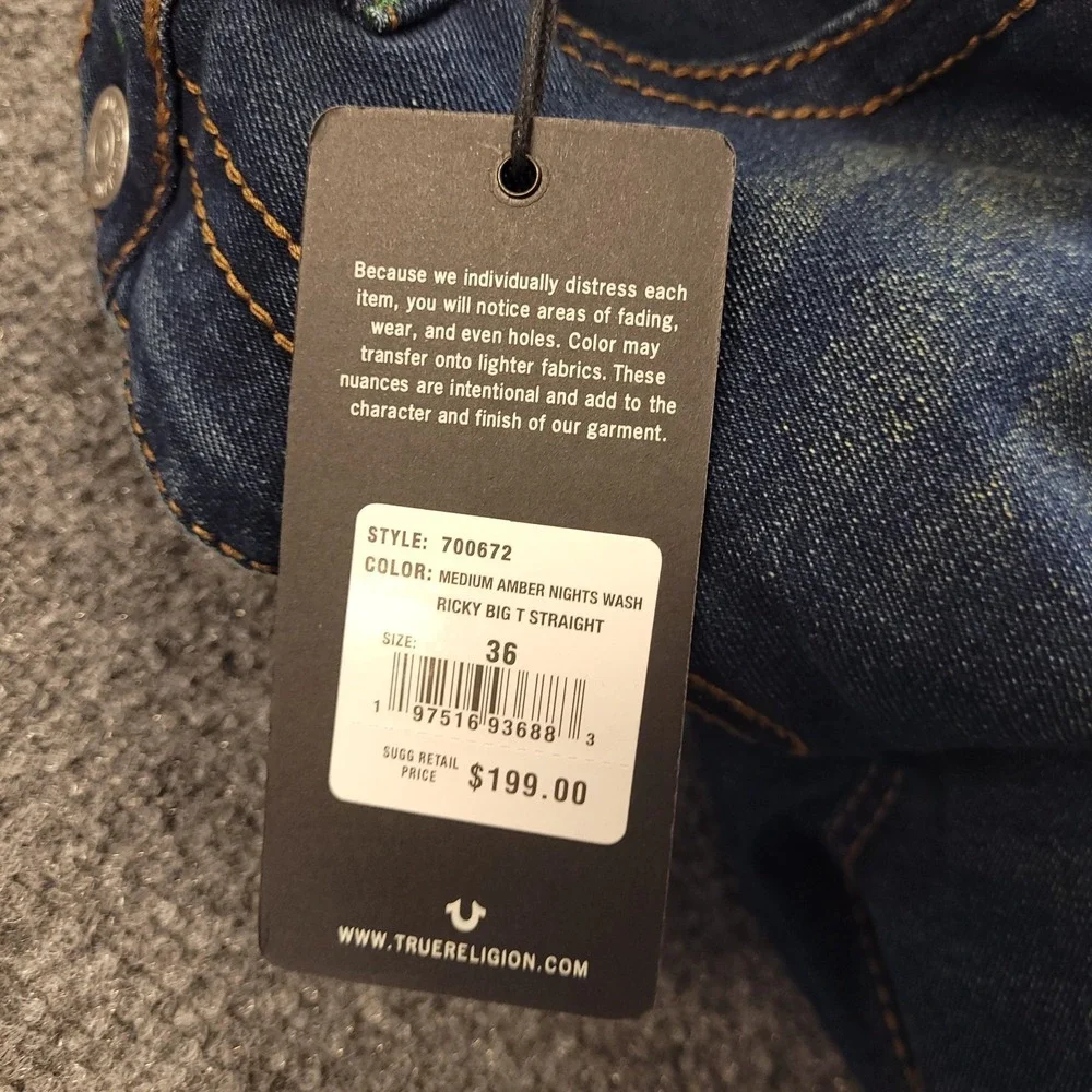 NWT‎ True Religion Ricky Big T Relaxed Straight 36x34 Mid Rise Stretch $199 MSRP
